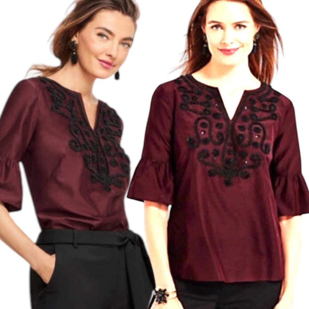 Women's Talbots RSVP Embellished Silk Blend Blouse Top, Burgundy, L